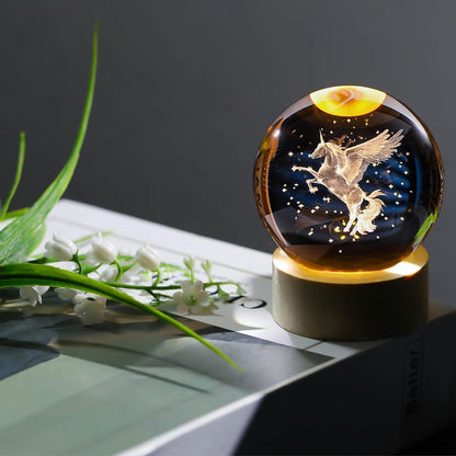 Crystavia™ 3D Engraved Crystal Ball LED Night Lamp with Wooden Base