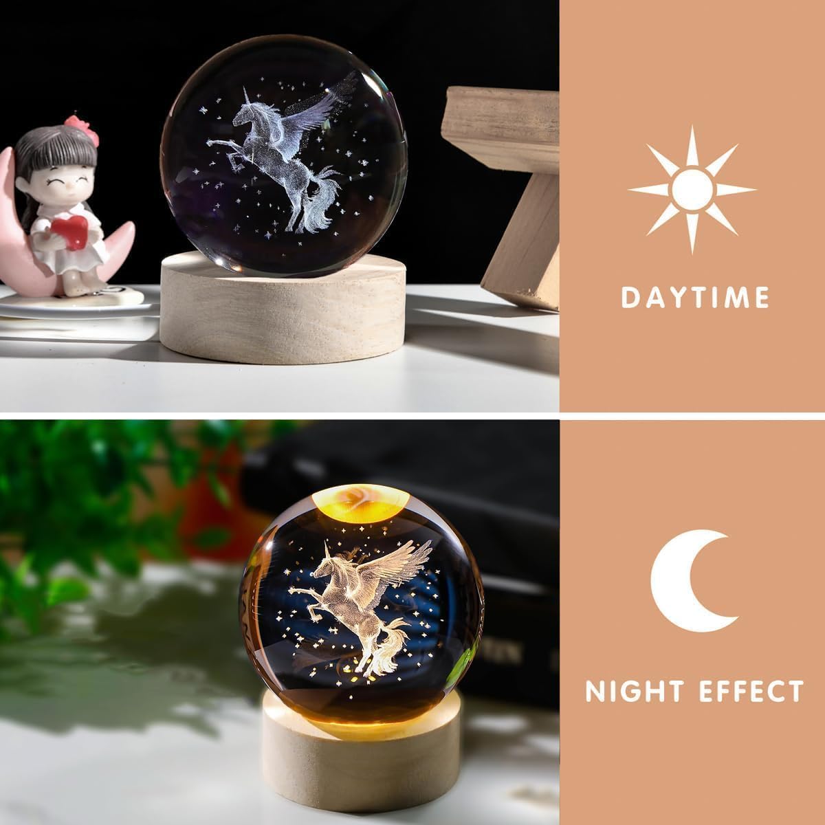 Crystavia™ 3D Engraved Crystal Ball LED Night Lamp with Wooden Base
