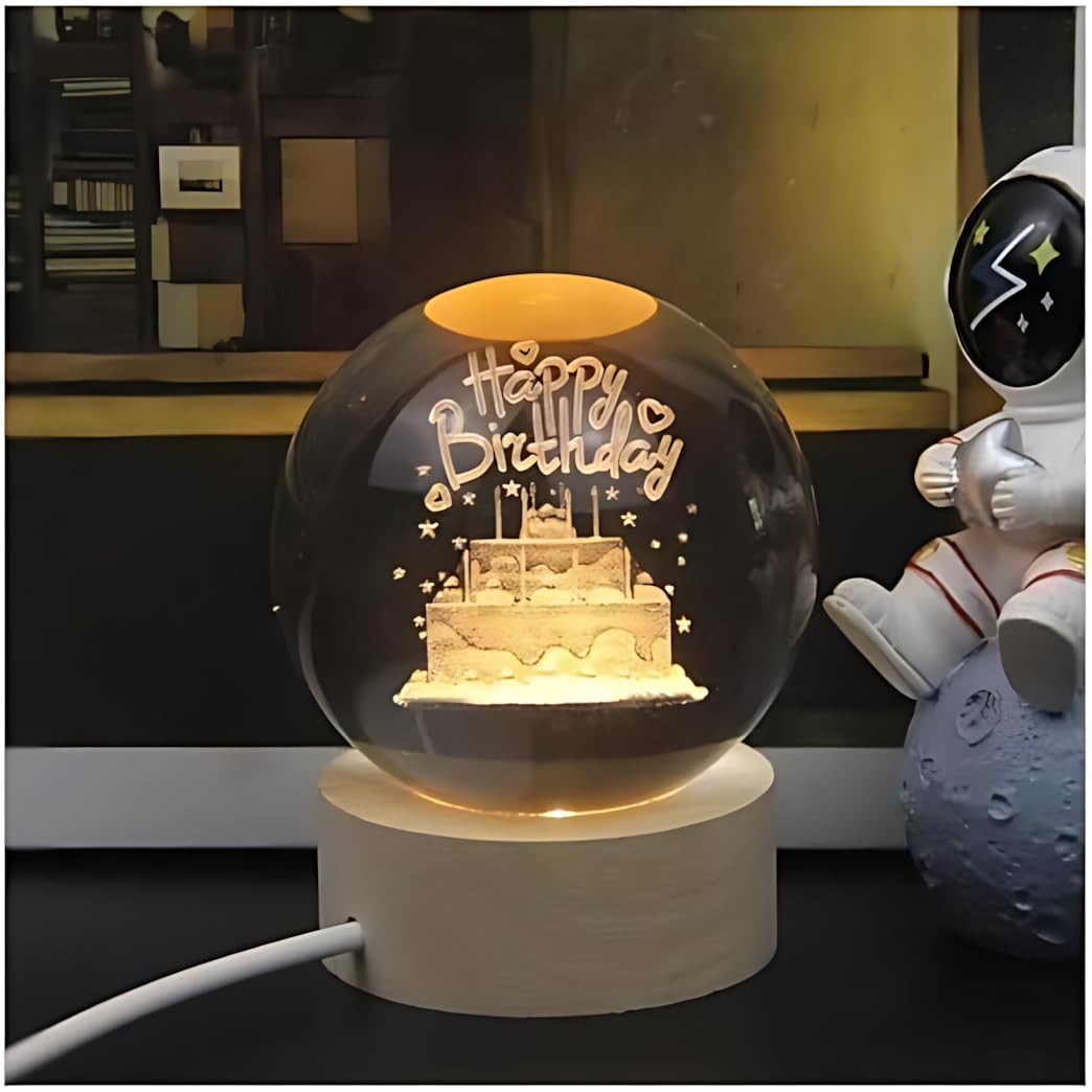 Crystavia™ 3D Engraved Crystal Ball LED Night Lamp with Wooden Base